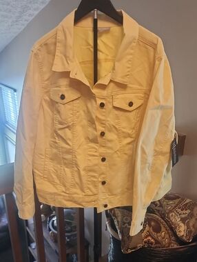 Woman Within Yellow Denim Jacket with Button Front